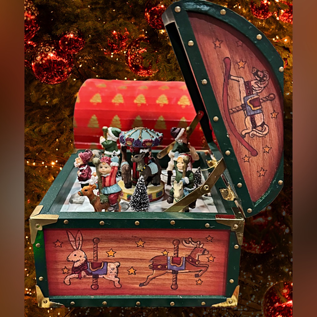 Vintage Good Tidings Wooden Christmas Music Box New W Box